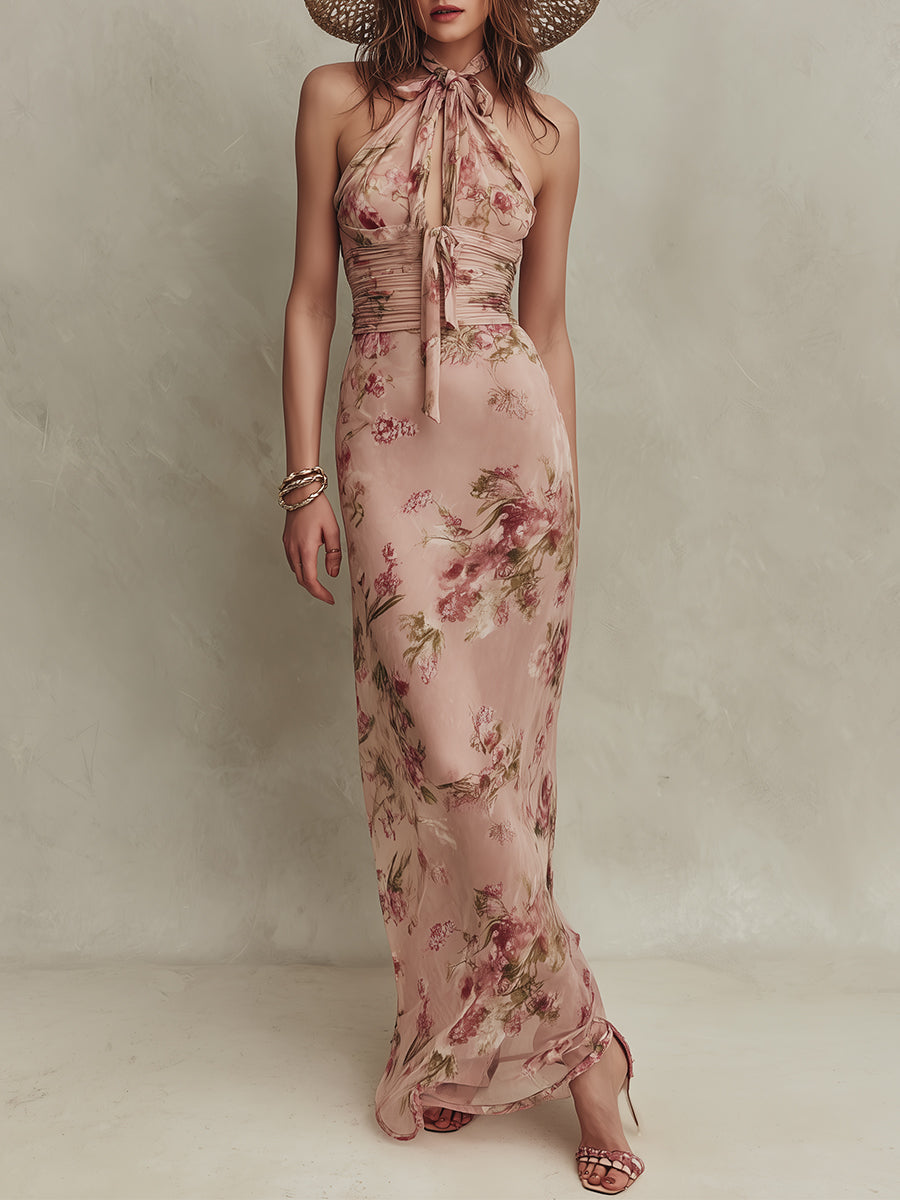 Bethany - Elegant Floral Print Chiffon Maxi Dress with Keyhole Neckline