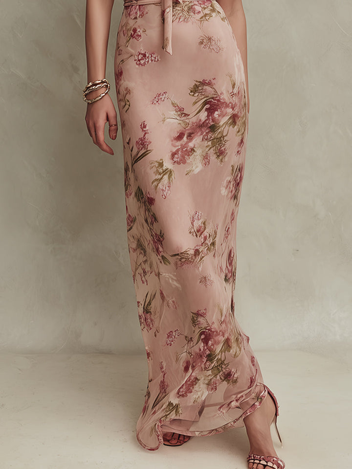 Bethany - Elegant Floral Print Chiffon Maxi Dress with Keyhole Neckline