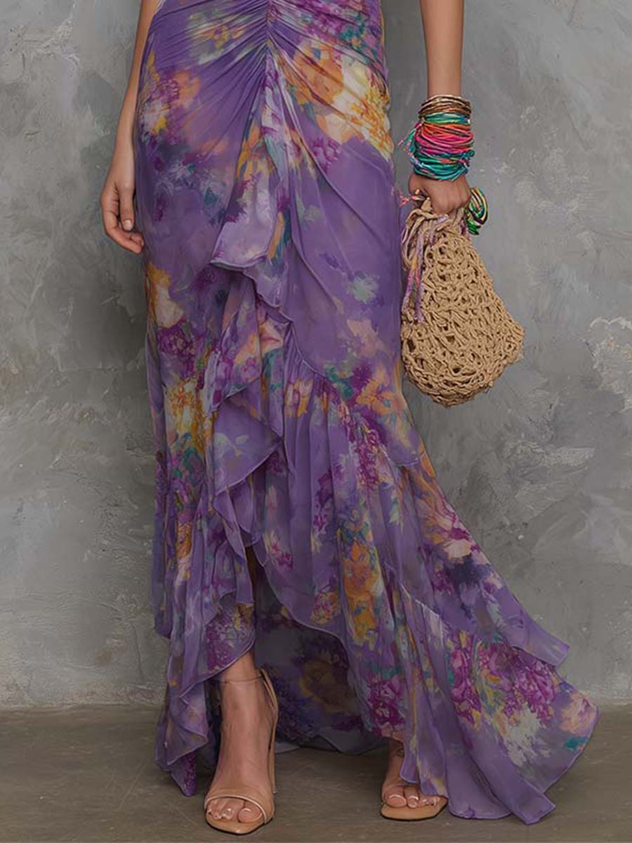 Adalynn - Elegant Purple Floral Chiffon Halter Maxi Dress