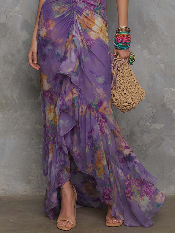 Adalynn - Elegant Purple Floral Chiffon Halter Maxi Dress
