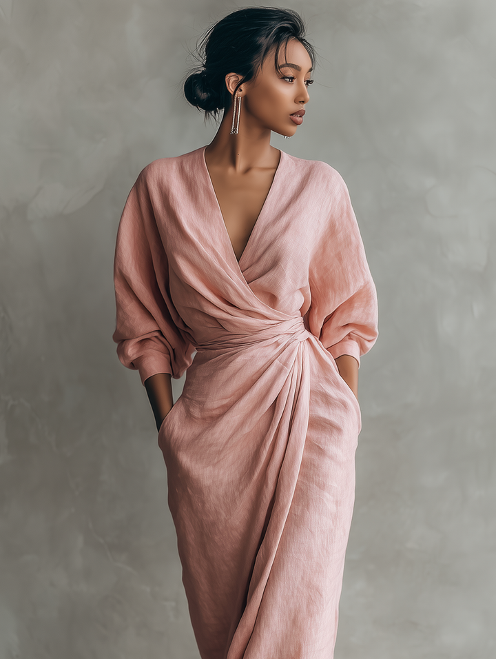 Adeline - Pink Linen Maxi Dress