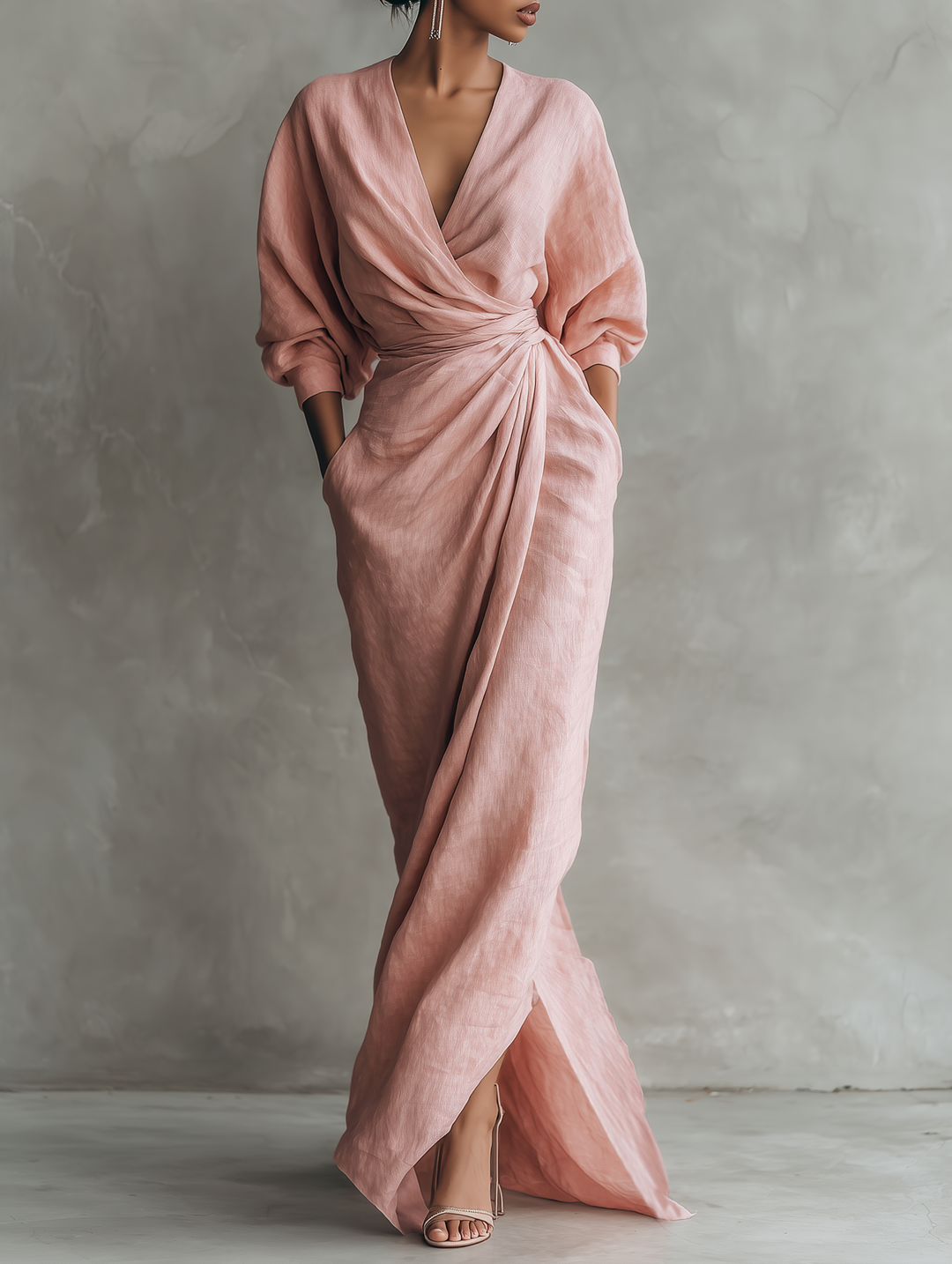 Adeline - Pink Linen Maxi Dress