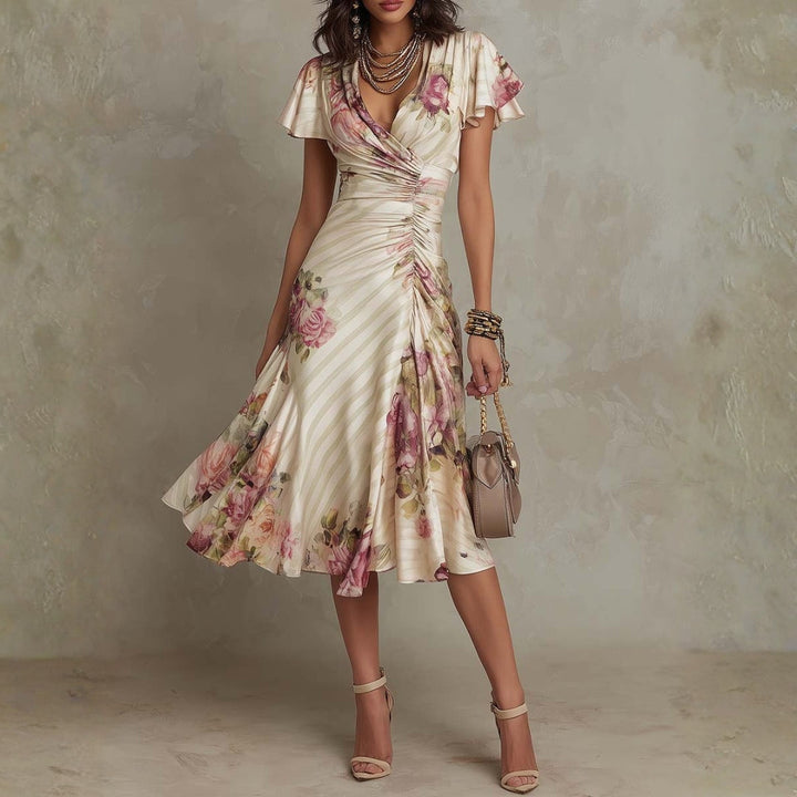 Daphne - Elegant Retro Floral Satin Midi Dress