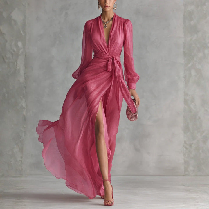 Alexis - Elegant Rose Pink Chiffon V-neck Tie-waist Long Dress
