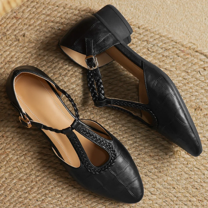 Greta – Classic Leather T-Strap Shoes with Braided Detail