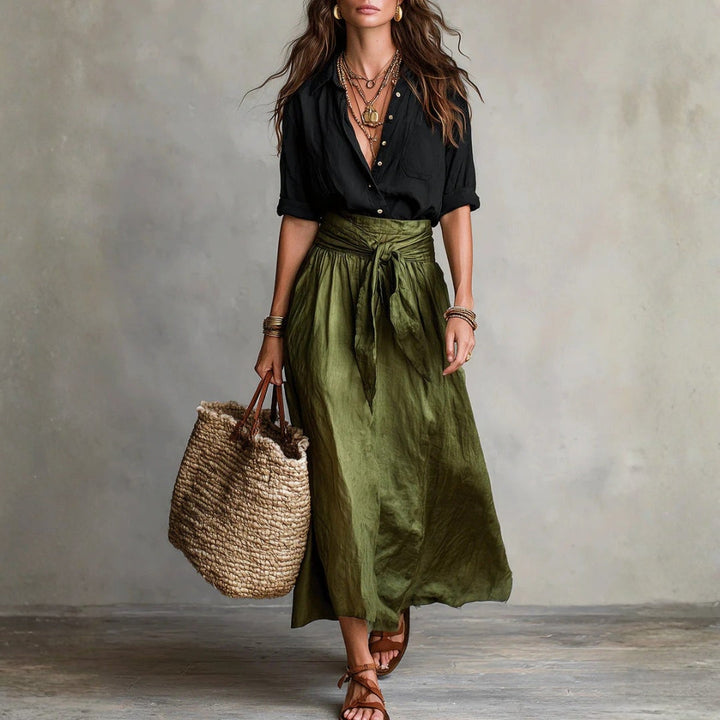 Lyla - Two-Piece Set: Black T-Shirt and Olive Green Midi Skirt