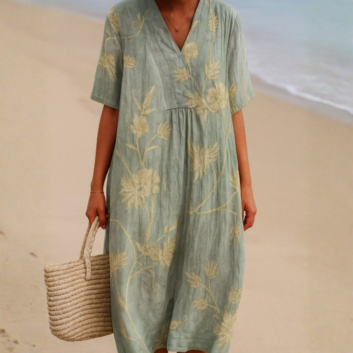 Shannon - Blue-Gray Dress with Floral Embroidery