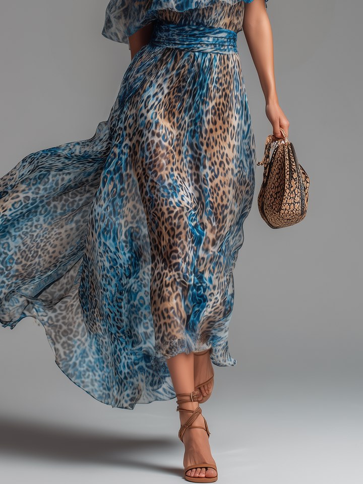 Lauren - Long chiffon dress with leopard print and bare shoulders