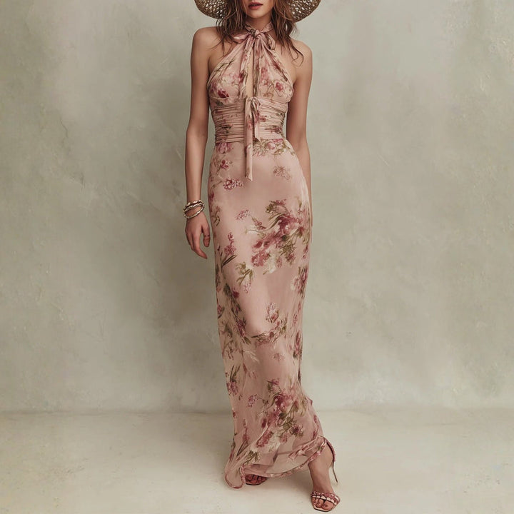 Bethany - Elegant Floral Print Chiffon Maxi Dress with Keyhole Neckline