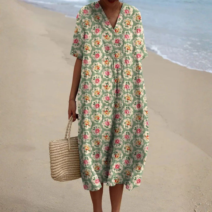 Sophie - Retro Floral Dress in Aqua Green