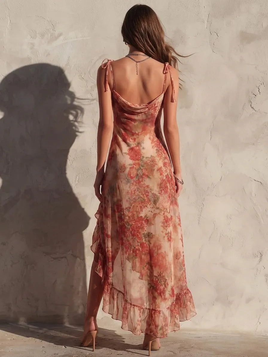 Jamie - Asymmetric Floral Dress with Slit and Ruffles