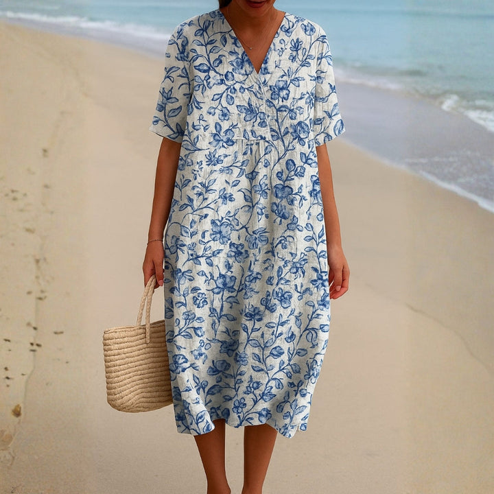 Alyssa - Ivory Dress Adorned with Porcelain Blue Floral Accents