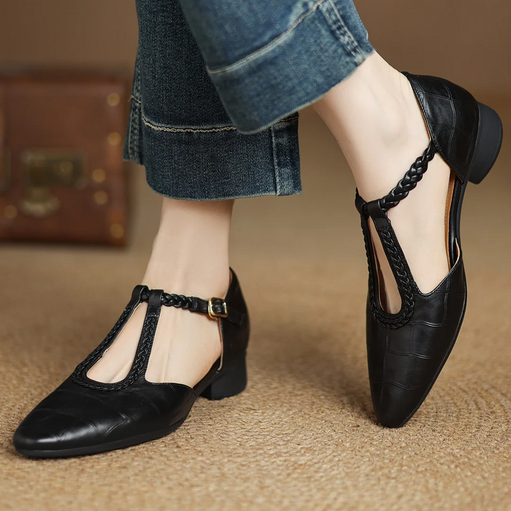 Greta – Classic Leather T-Strap Shoes with Braided Detail