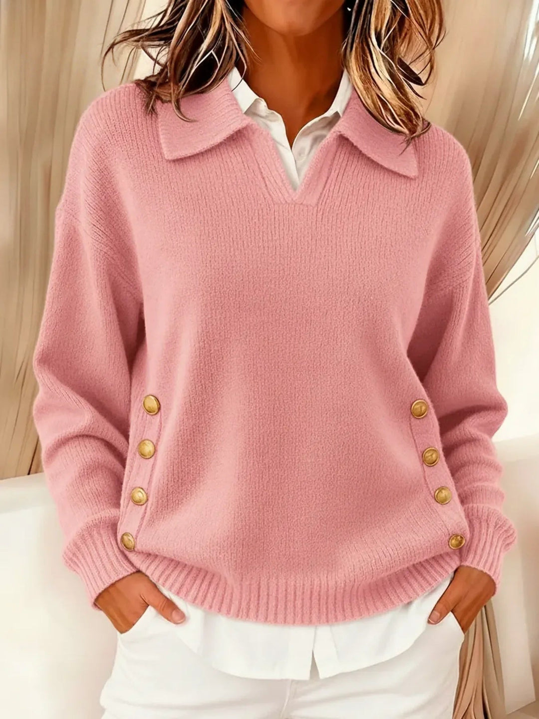 Barbara | Polo Collar Sweater with Gold Buttons