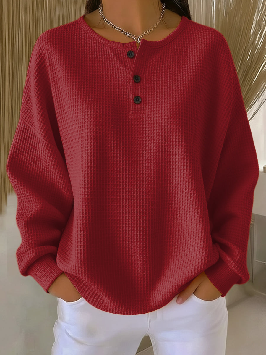 Nancy | Waffle Knit Henley Sweatshirt