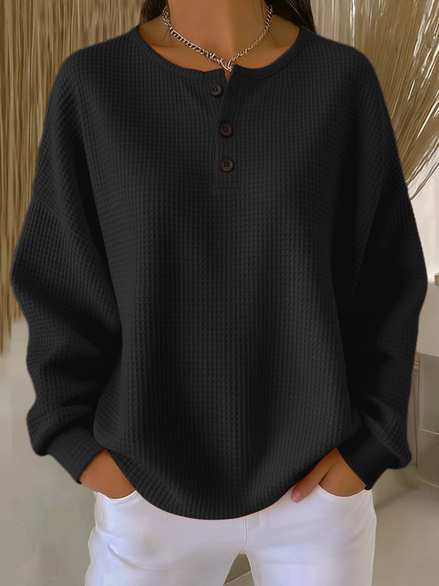 Nancy | Waffle Knit Henley Sweatshirt