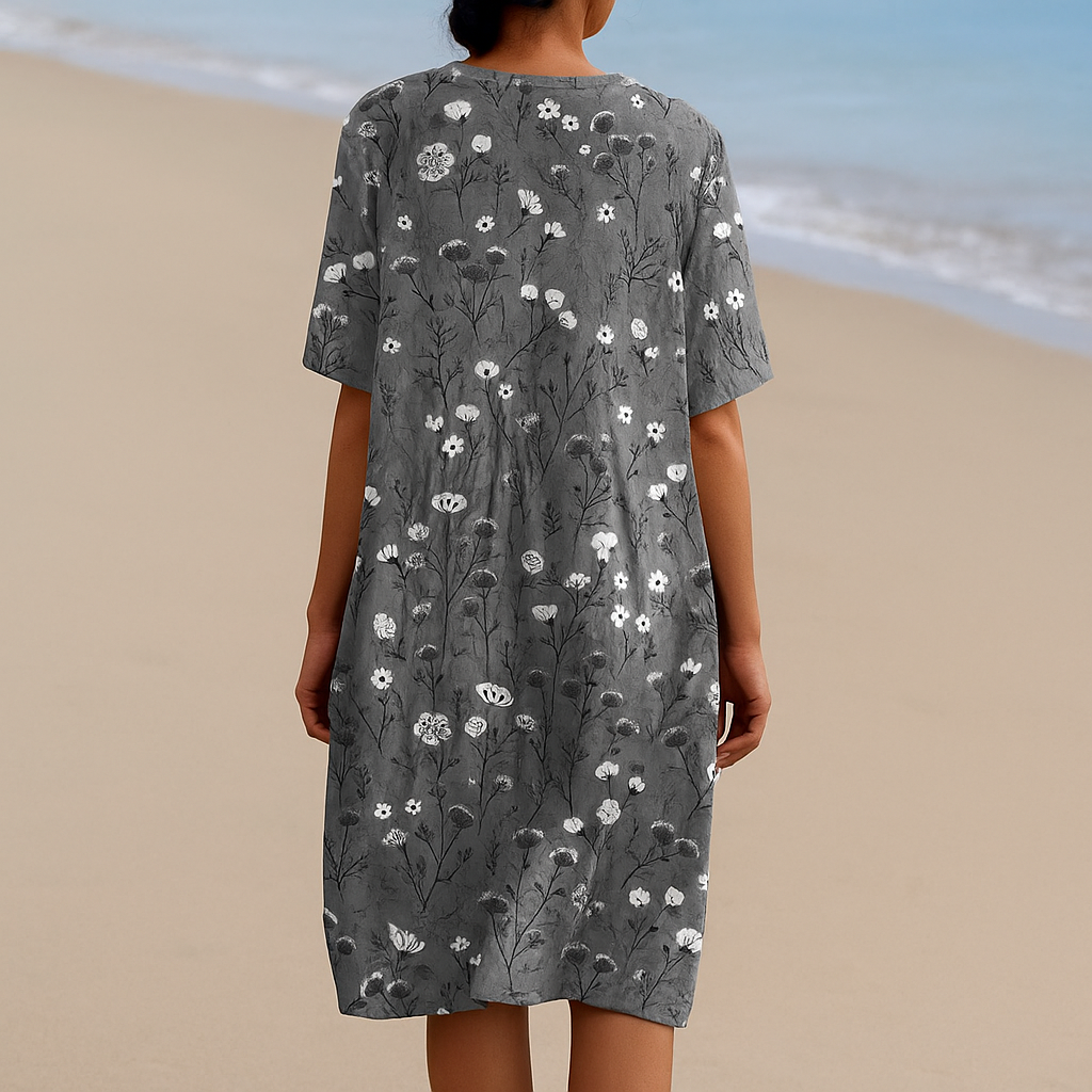 Mila - Floral Dress in Charcoal with White Accents