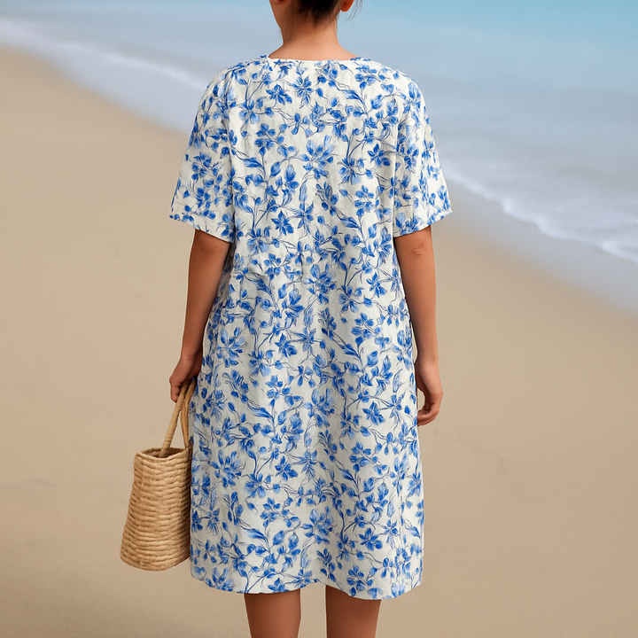 Alyssa - Ivory Dress Adorned with Porcelain Blue Floral Accents