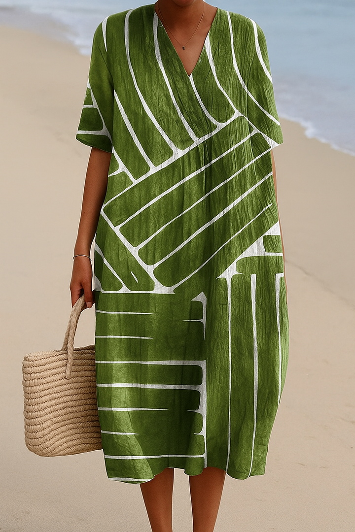 Brittany - Green Dress with Geometric Pattern