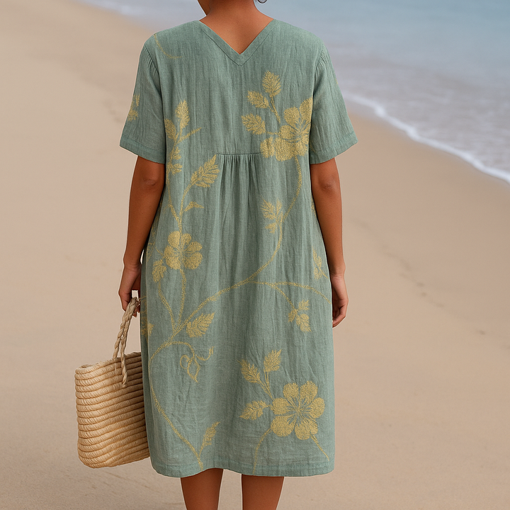 Shannon - Blue-Gray Dress with Floral Embroidery