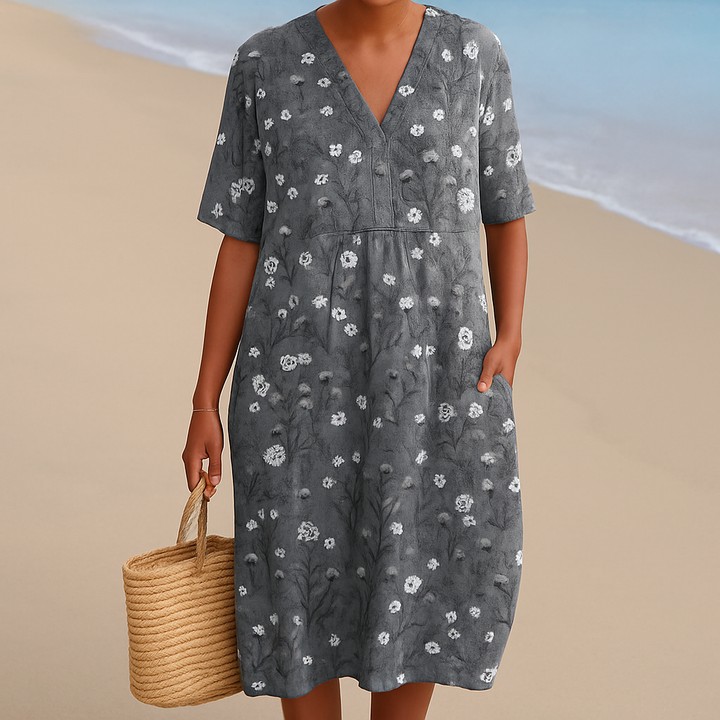 Mila - Floral Dress in Charcoal with White Accents