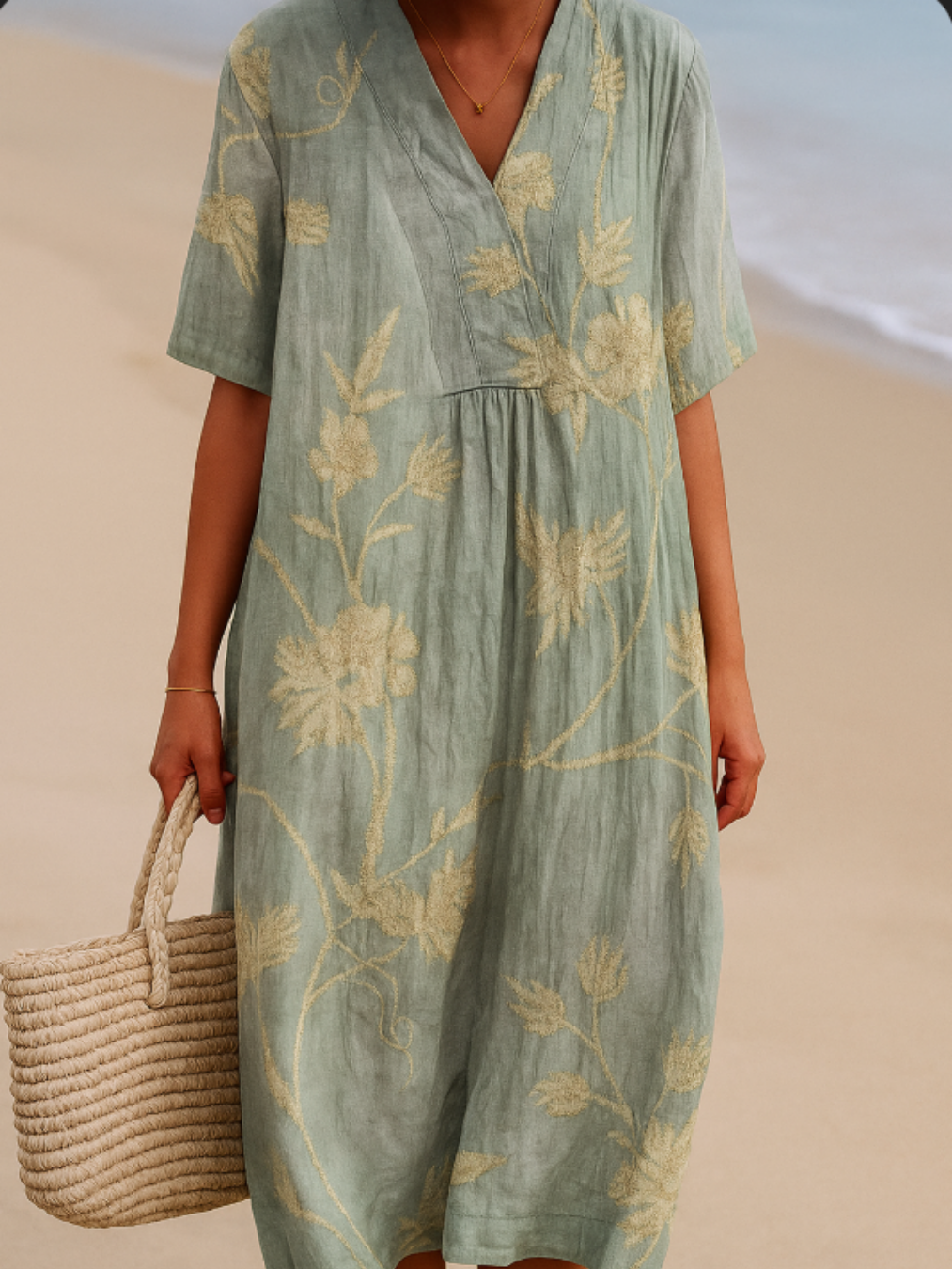 Shannon - Blue-Gray Dress with Floral Embroidery
