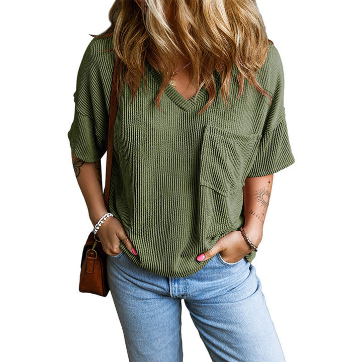 FREYA - Casual Textured Pocket V-Neck Tee