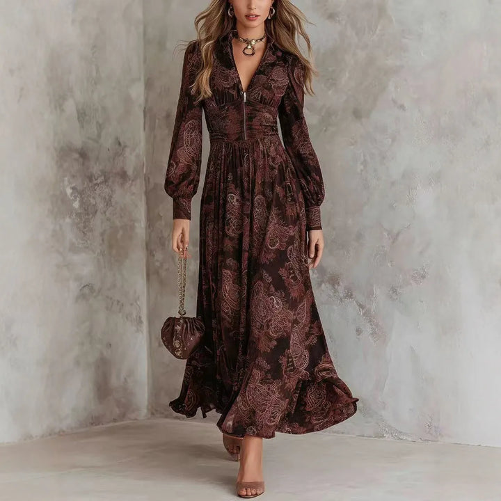 Aria - Elegant Print Long Sleeve Maxi Dress