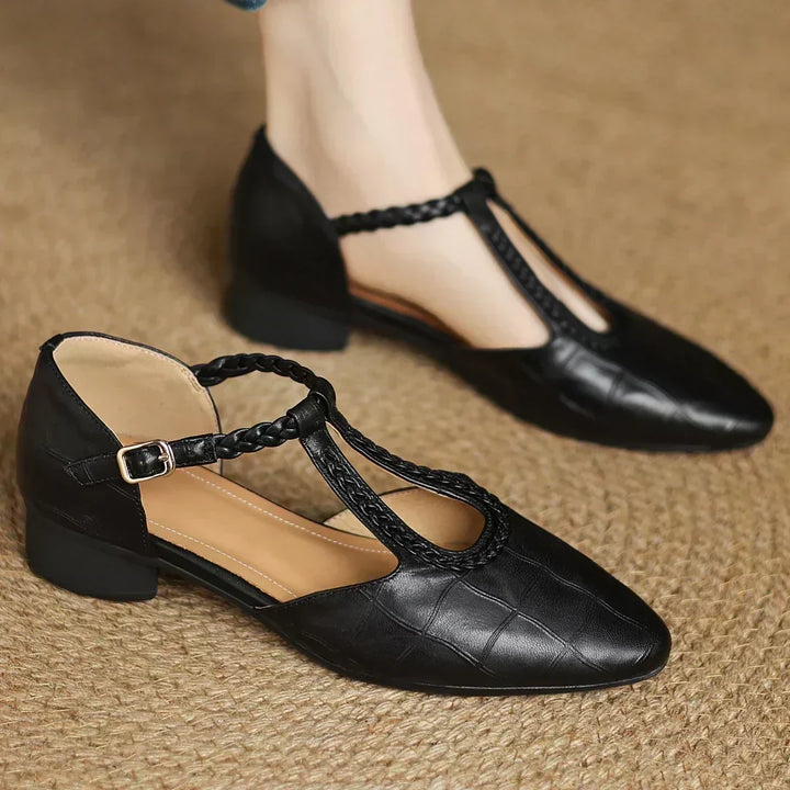 Greta – Classic Leather T-Strap Shoes with Braided Detail