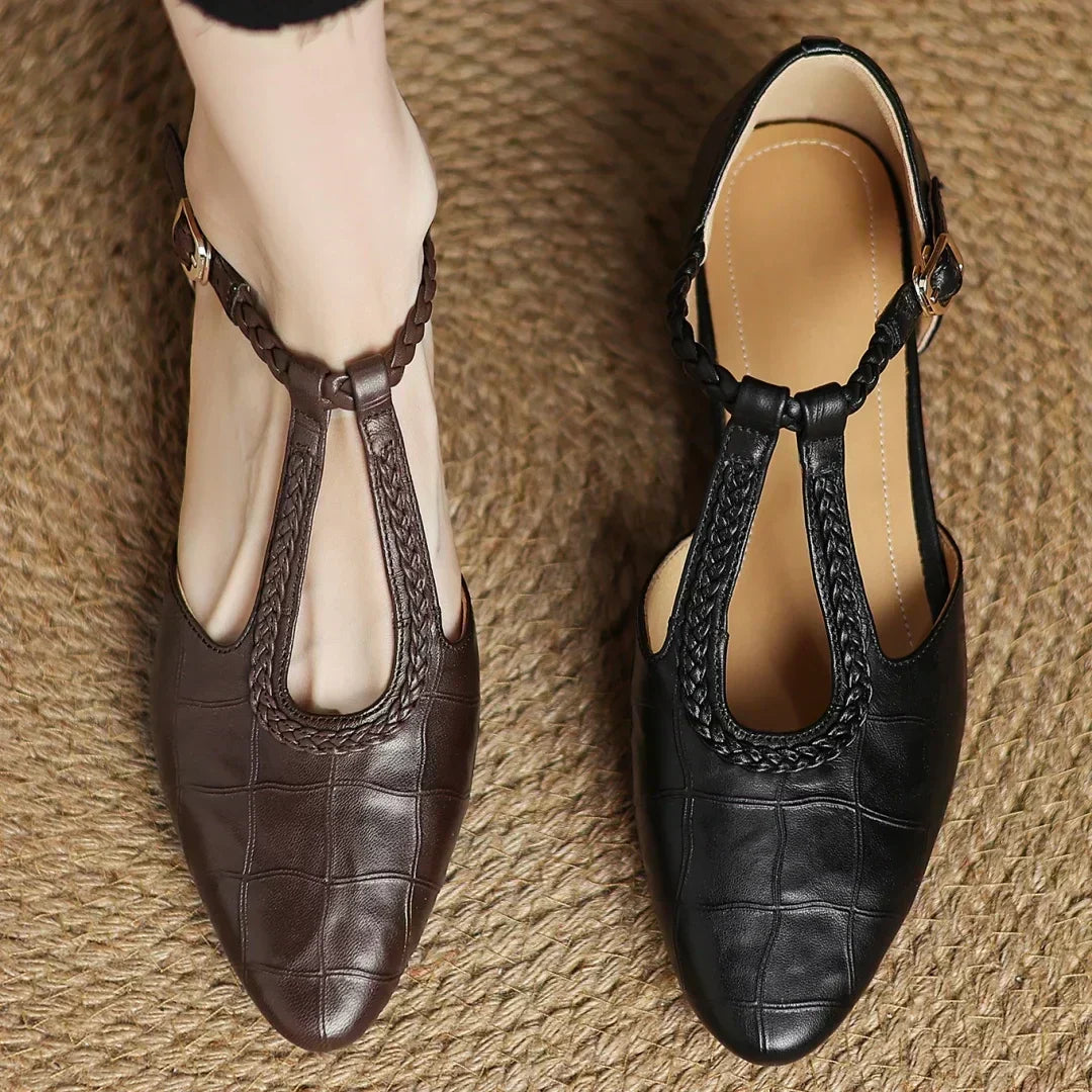 Greta – Classic Leather T-Strap Shoes with Braided Detail