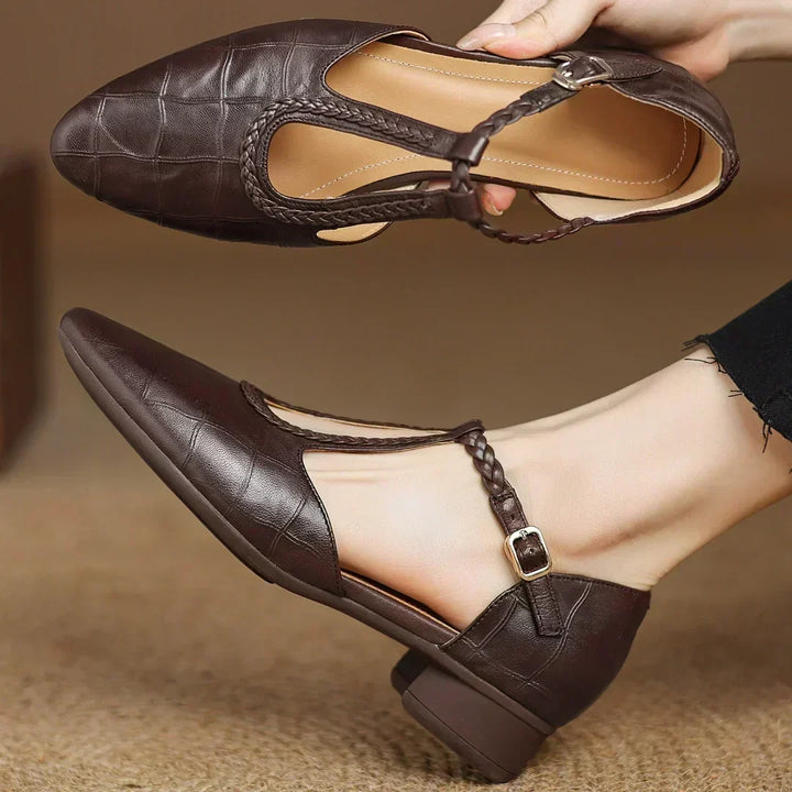 Greta – Classic Leather T-Strap Shoes with Braided Detail