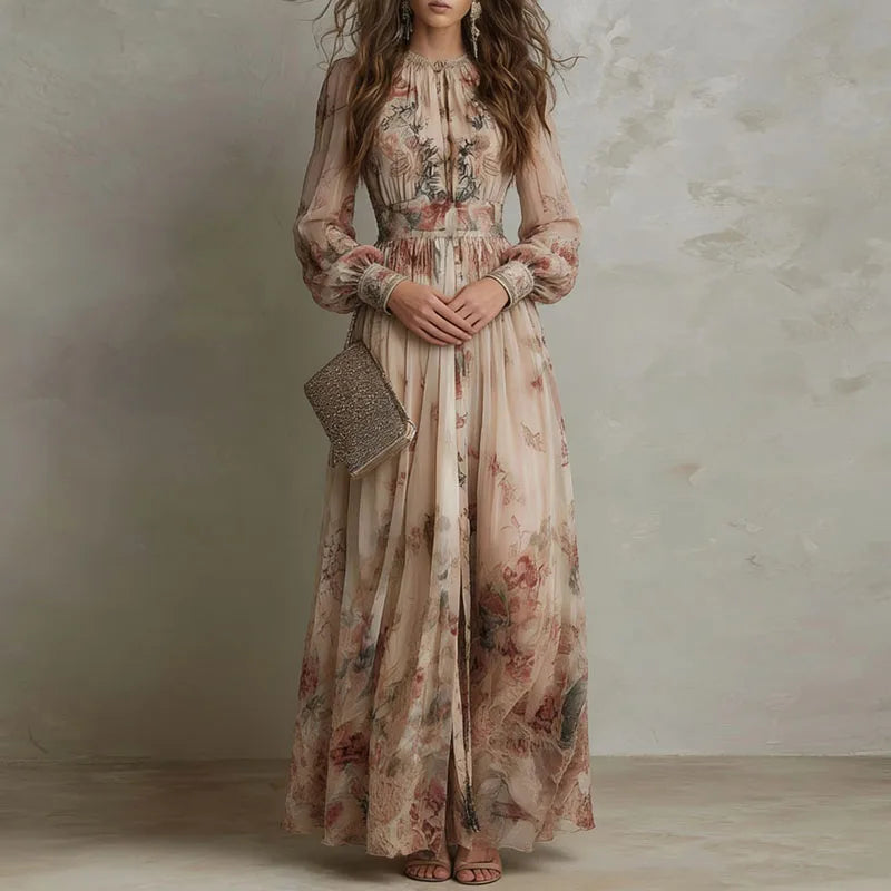 Robin - Vintage Floral Print High Waist Pleated Long Dress