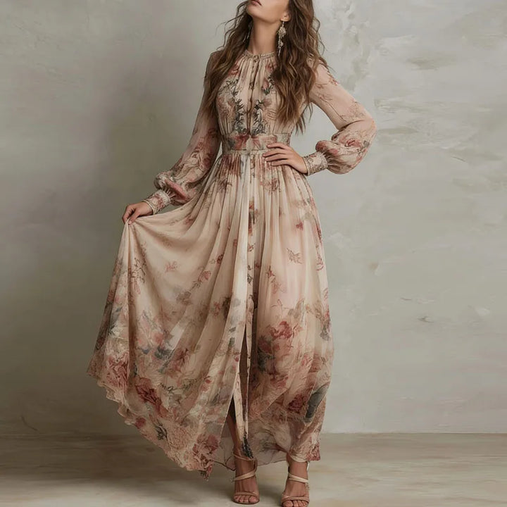 Robin - Vintage Floral Print High Waist Pleated Long Dress