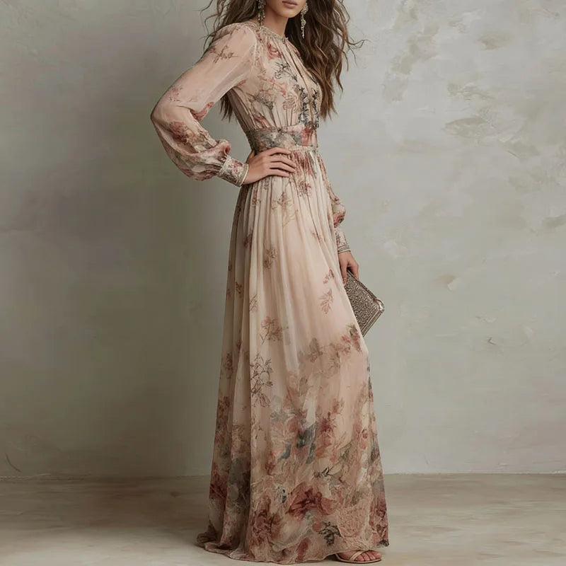 Robin - Vintage Floral Print High Waist Pleated Long Dress