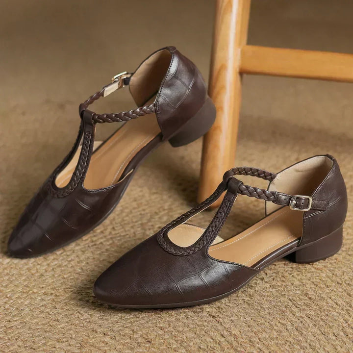 Greta – Classic Leather T-Strap Shoes with Braided Detail