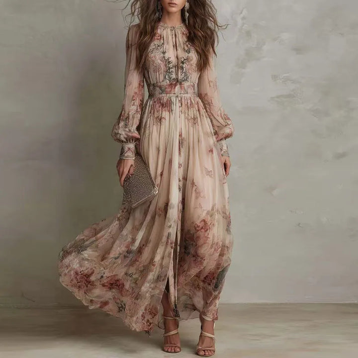 Robin - Vintage Floral Print High Waist Pleated Long Dress