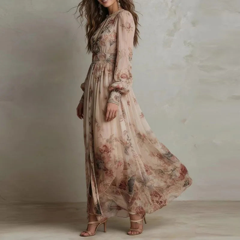 Robin - Vintage Floral Print High Waist Pleated Long Dress