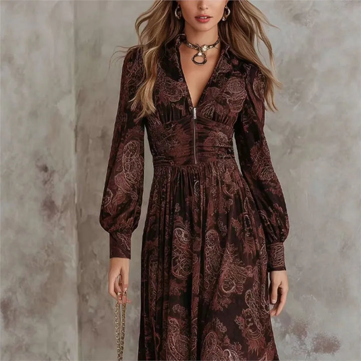 Aria - Elegant Print Long Sleeve Maxi Dress