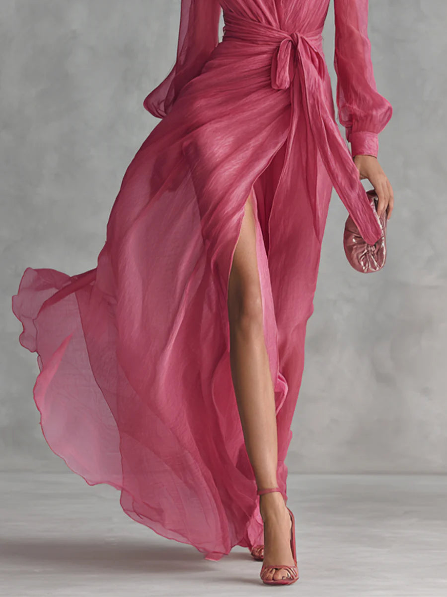 Alexis - Elegant Rose Pink Chiffon V-neck Tie-waist Long Dress