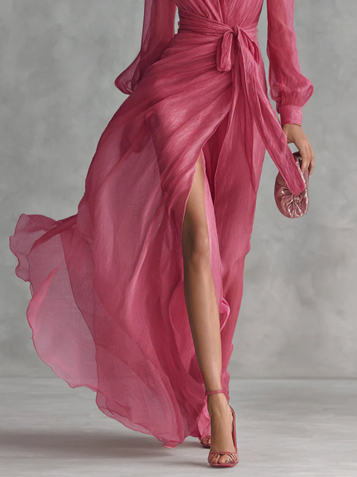 Alexis - Elegant Rose Pink Chiffon V-neck Tie-waist Long Dress