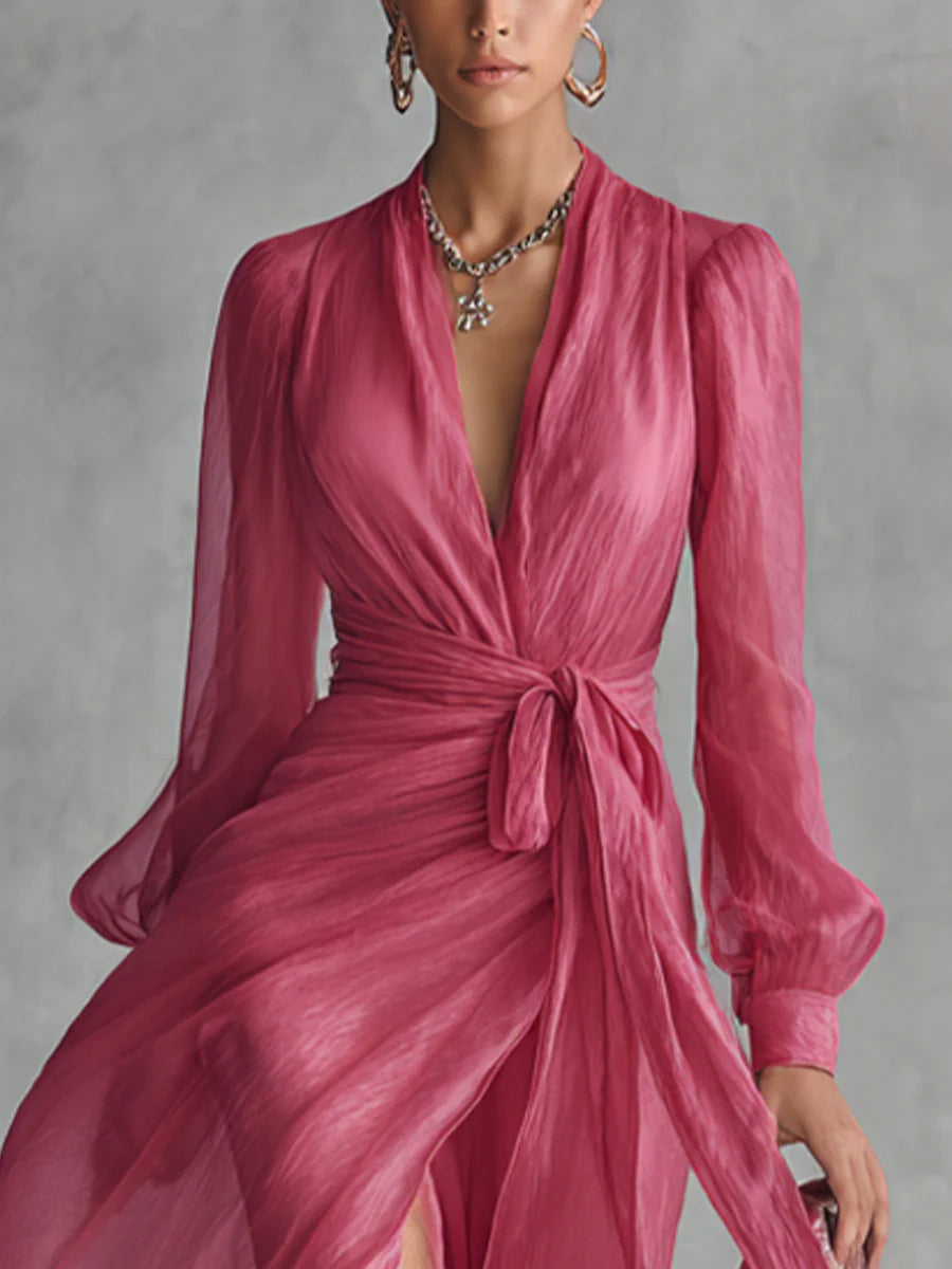 Alexis - Elegant Rose Pink Chiffon V-neck Tie-waist Long Dress