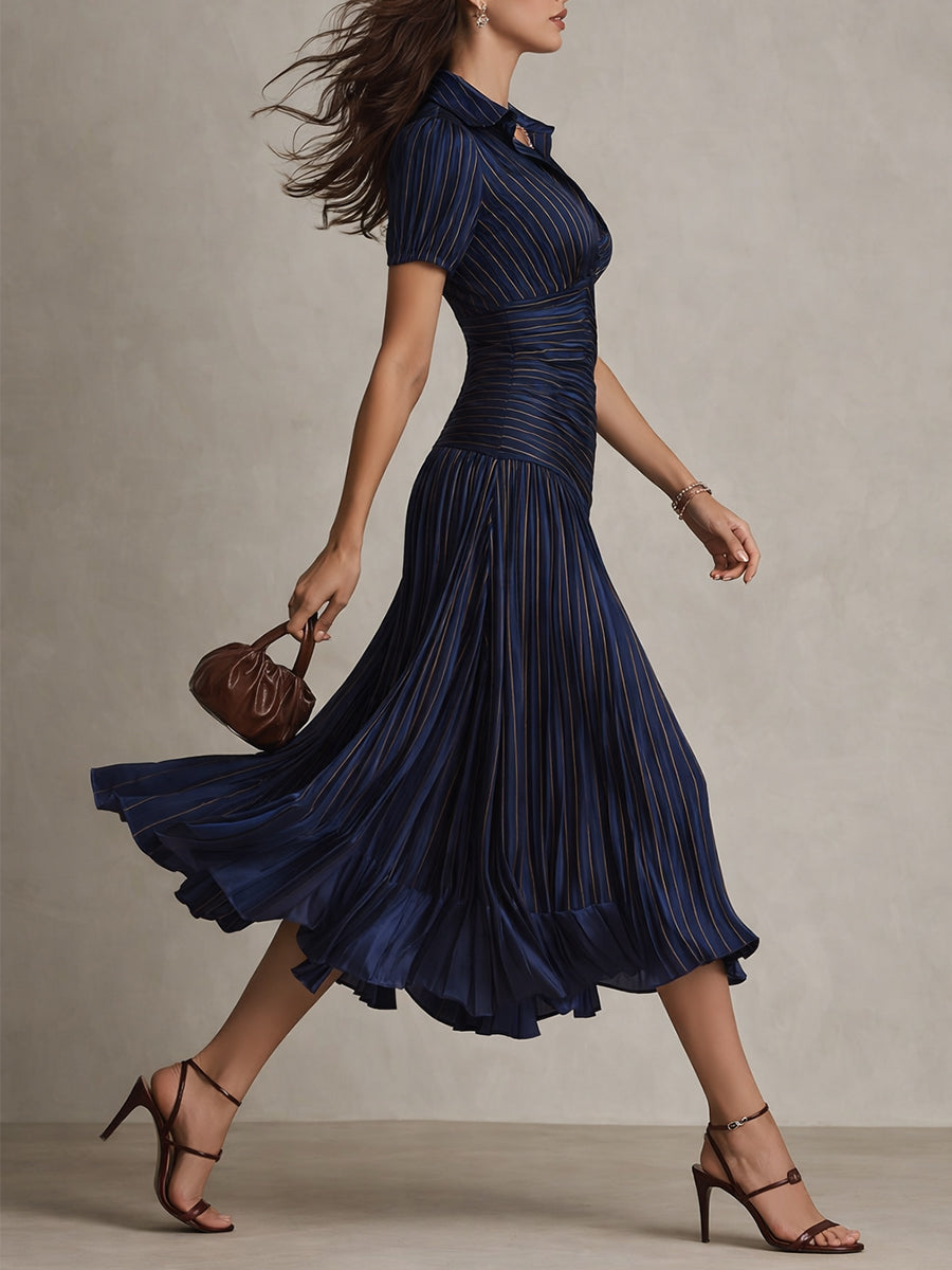 Shelby - Striped Shirt Collar Midi Dress