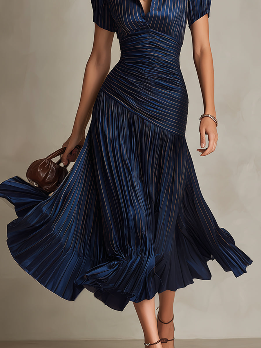 Shelby - Striped Shirt Collar Midi Dress