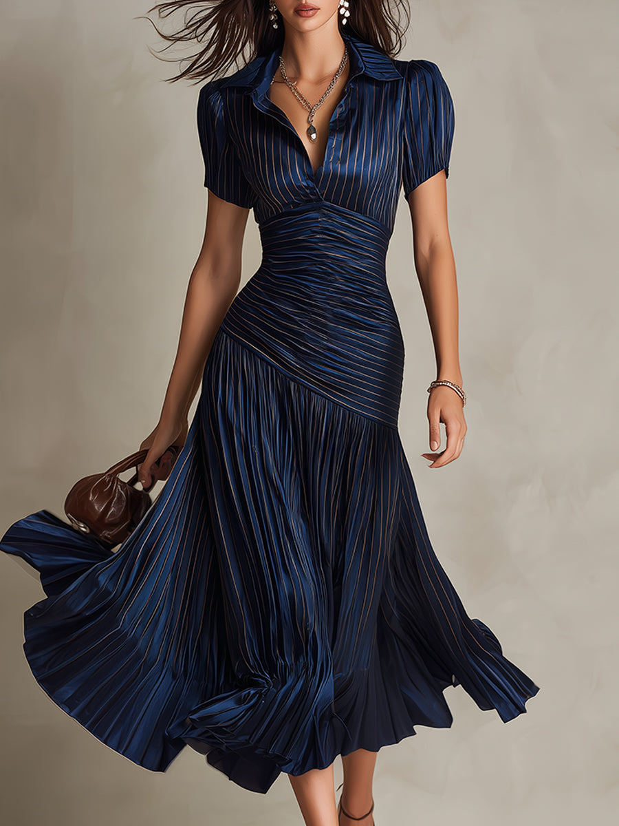 Shelby - Striped Shirt Collar Midi Dress