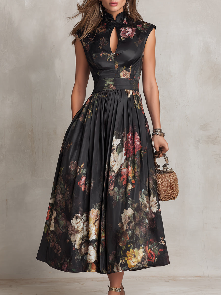 Courtney - Floral Keyhole Pleated Midi Dress