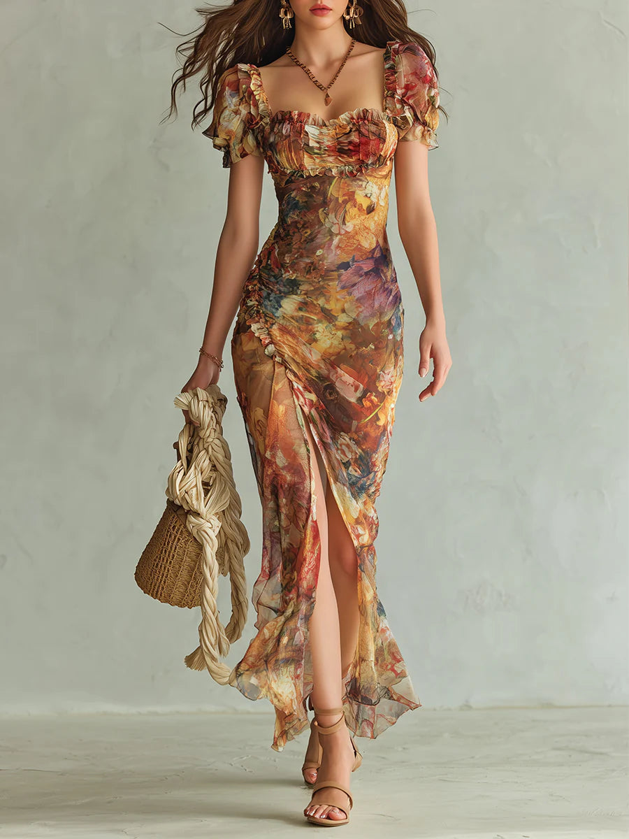 Aria - Long orange chiffon dress with bohemian-style oil painting print