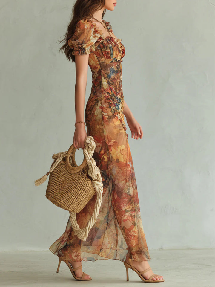 Aria - Long orange chiffon dress with bohemian-style oil painting print