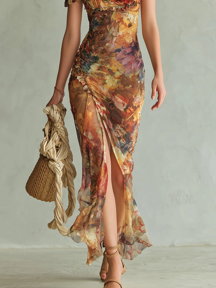 Aria - Long orange chiffon dress with bohemian-style oil painting print
