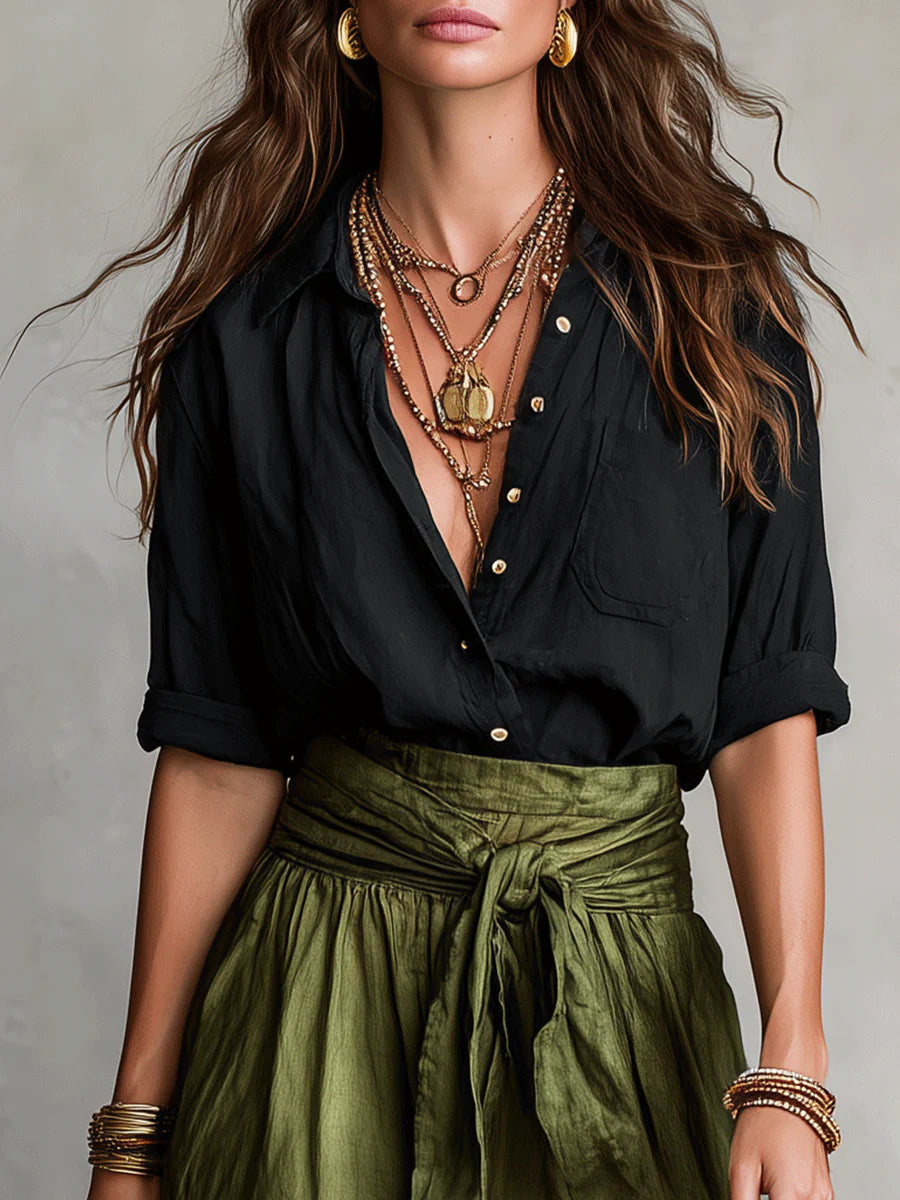 Lyla - Two-Piece Set: Black T-Shirt and Olive Green Midi Skirt