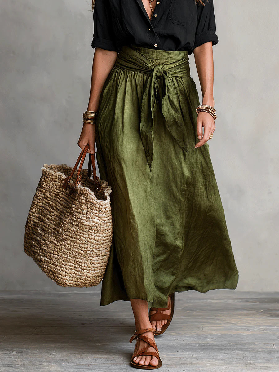 Lyla - Two-Piece Set: Black T-Shirt and Olive Green Midi Skirt